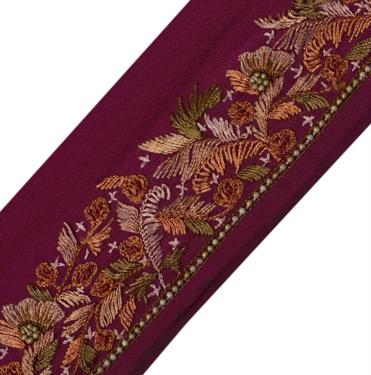 Vintage Sari Border Indian Craft Trim Hand Embroidered Ribbon Lace Dark Magenta