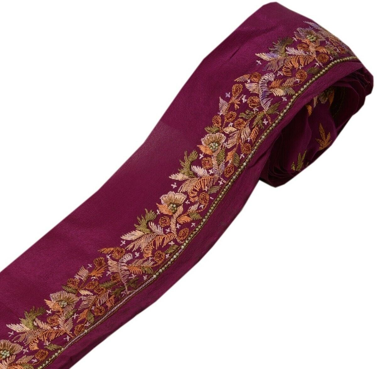 Vintage Sari Border Indian Craft Trim Hand Embroidered Ribbon Lace Dark Magenta