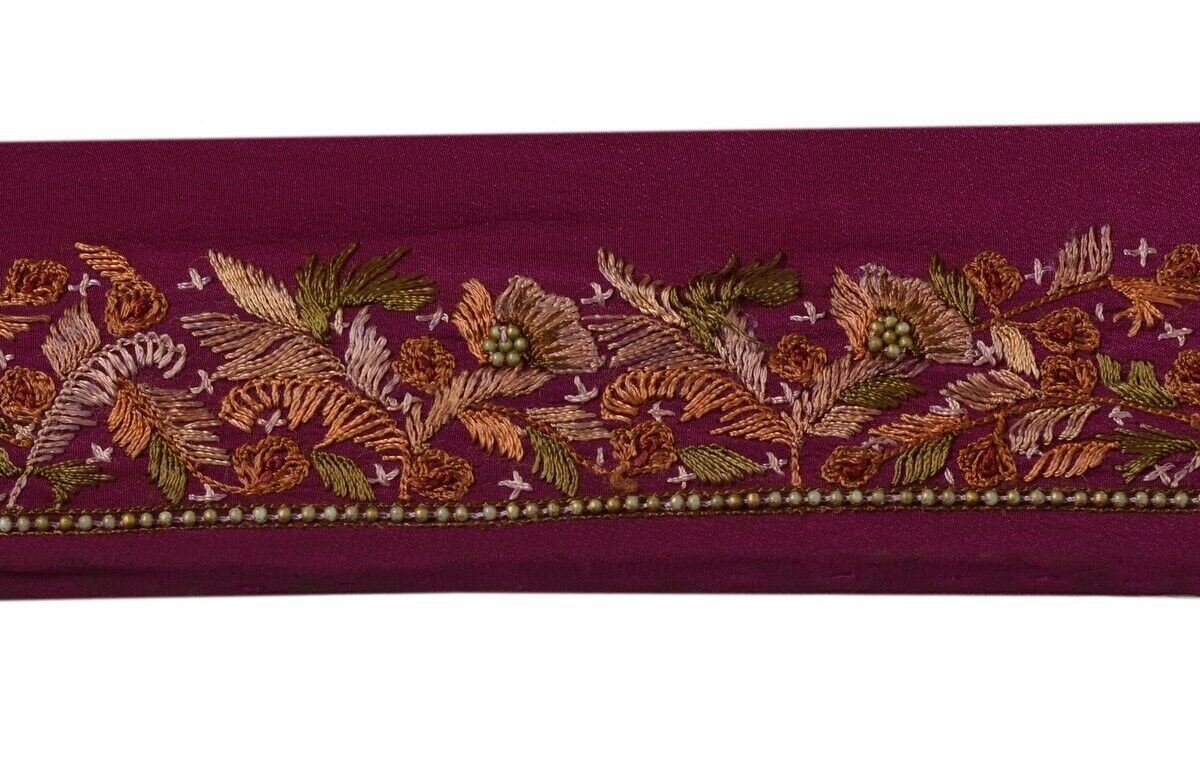 Vintage Sari Border Indian Craft Trim Hand Embroidered Ribbon Lace Dark Magenta