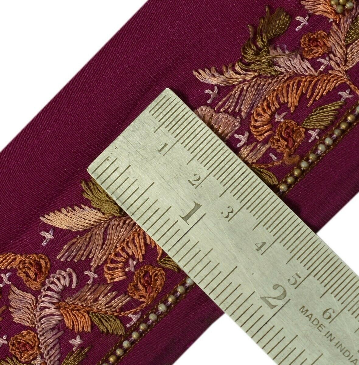 Vintage Sari Border Indian Craft Trim Hand Embroidered Ribbon Lace Dark Magenta