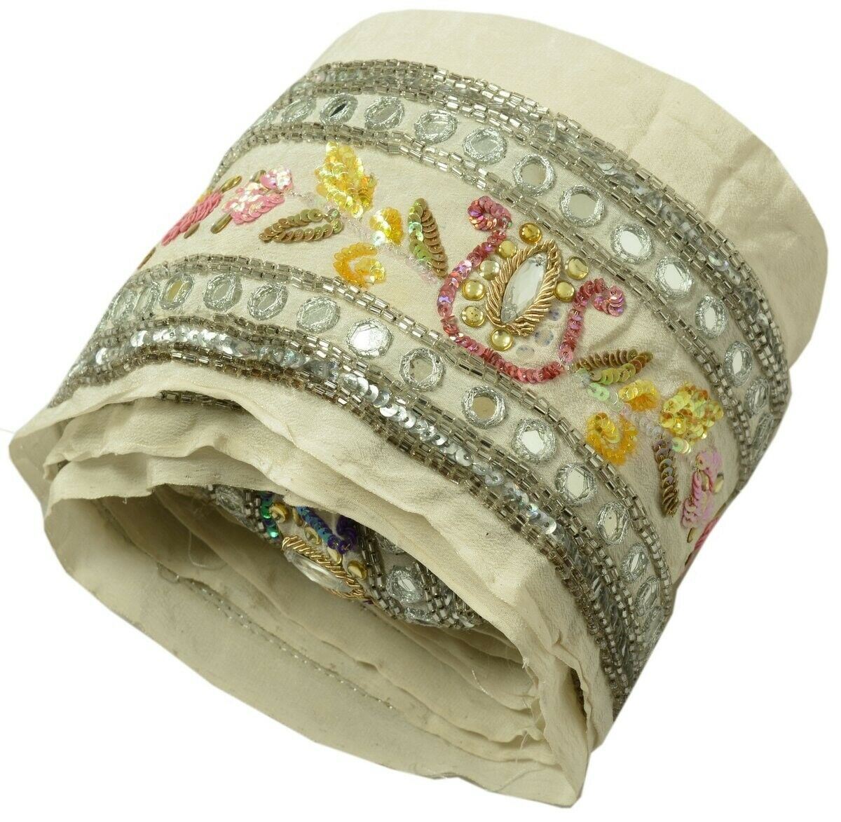 Vintage Sari Border Indian Craft Trim Embroidered Beaded Mirror Work Lace Cream