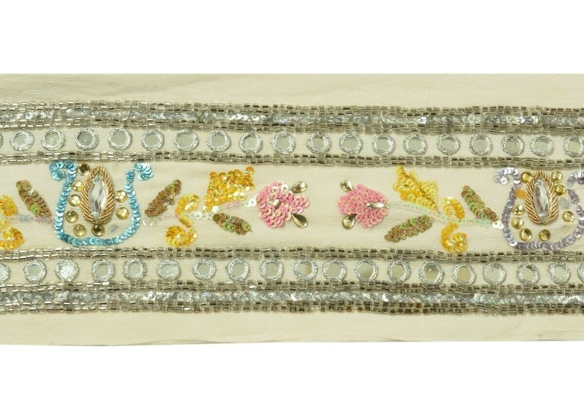 Vintage Sari Border Indian Craft Trim Embroidered Beaded Mirror Work Lace Cream