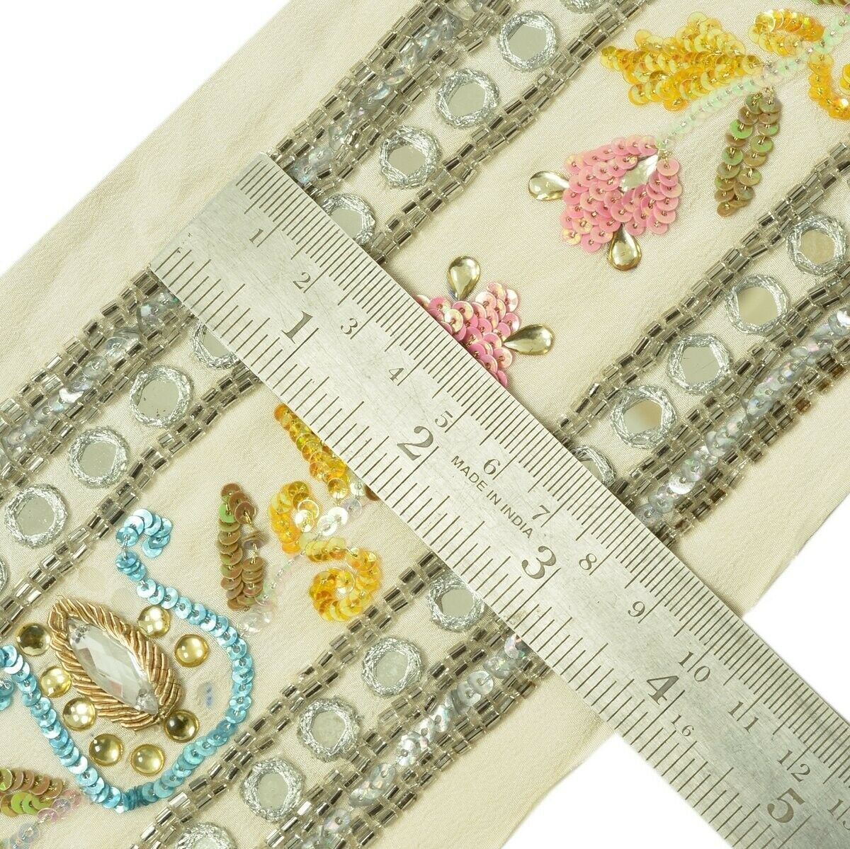 Vintage Sari Border Indian Craft Trim Embroidered Beaded Mirror Work Lace Cream