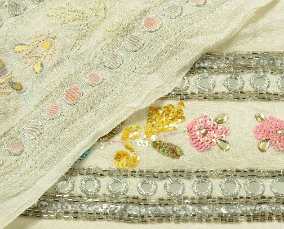 Vintage Sari Border Indian Craft Trim Embroidered Beaded Mirror Work Lace Cream