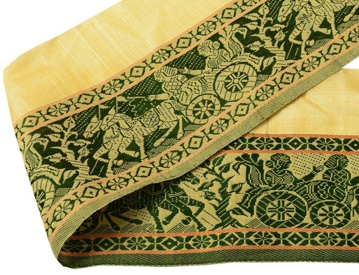 Vintage Sari Border Indian Craft Trim Woven Horse Lady Green Cream Ribbon Lace