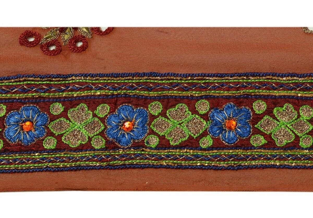 Vintage Sari Border Indian Craft Trim Embroidered Beaded Ribbon Lace Maroon Rust