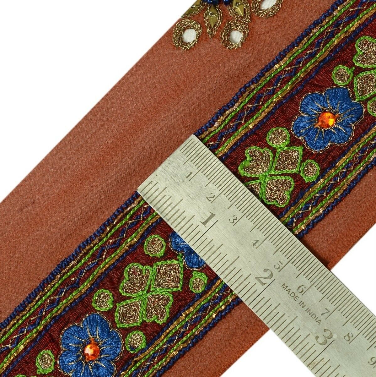 Vintage Sari Border Indian Craft Trim Embroidered Beaded Ribbon Lace Maroon Rust