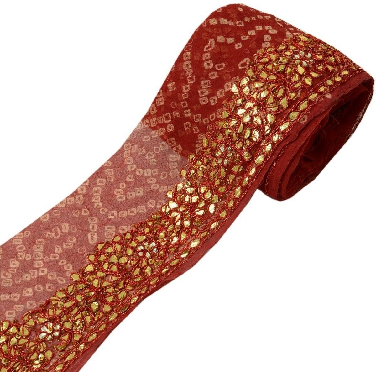 Vintage Sari Border Indian Craft Trim Hand Beaded Gota Patti Lace Deep Red