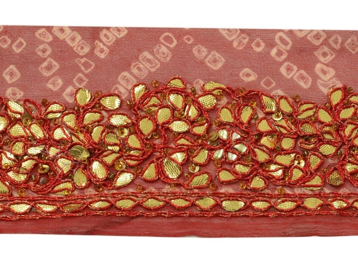 Vintage Sari Border Indian Craft Trim Hand Beaded Gota Patti Lace Deep Red