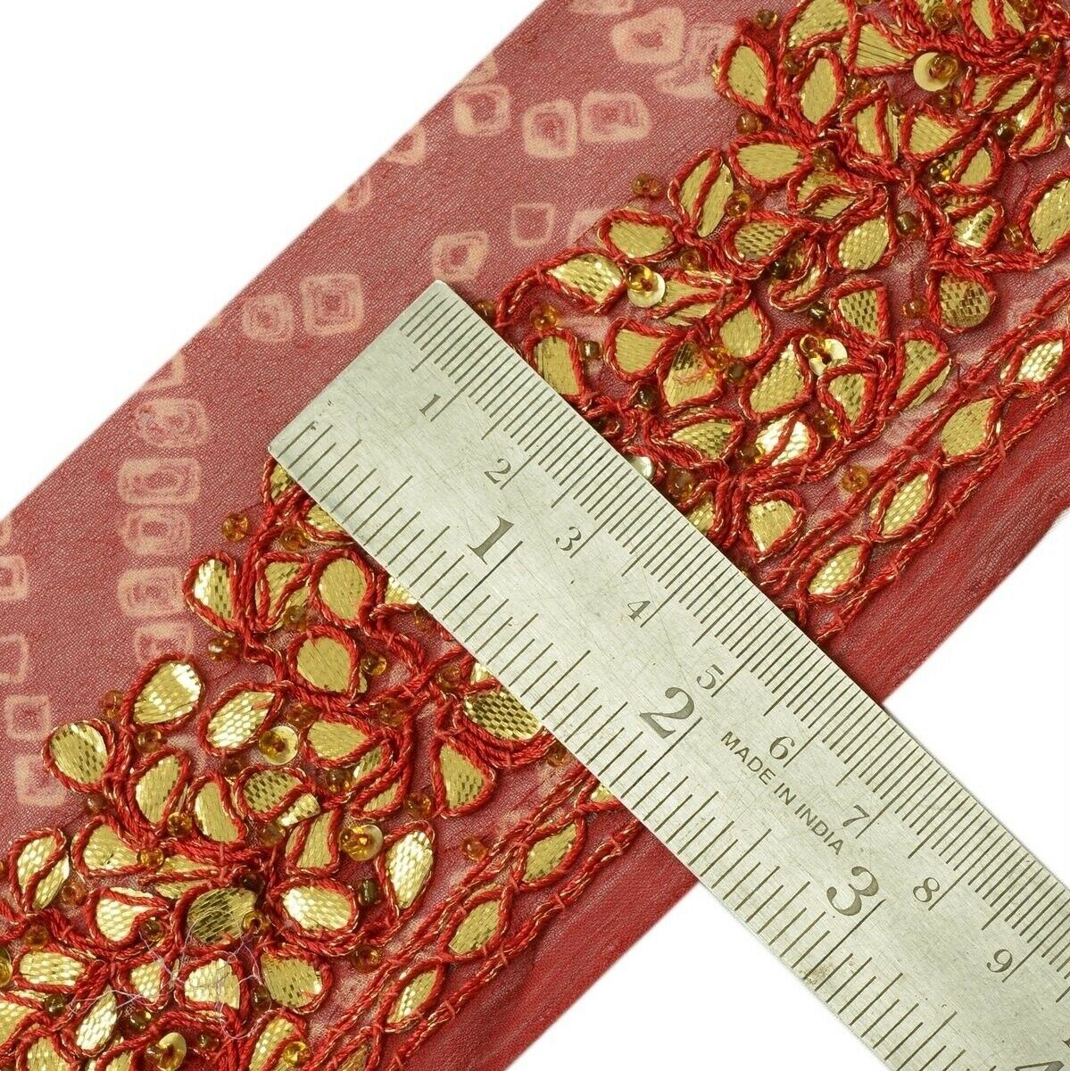 Vintage Sari Border Indian Craft Trim Hand Beaded Gota Patti Lace Deep Red