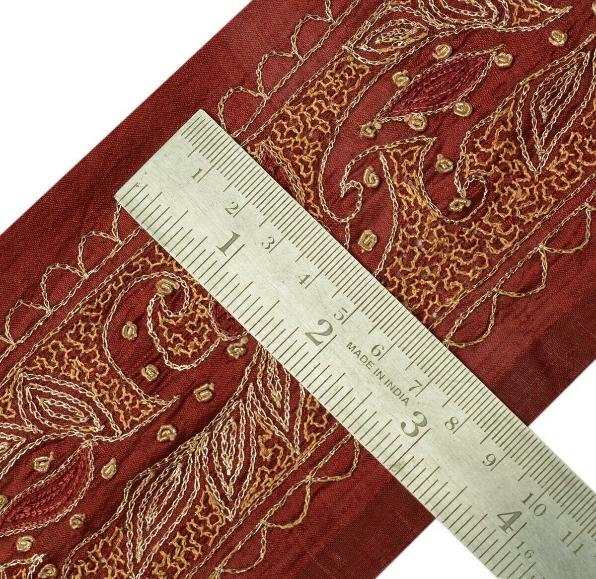 Vintage Sari Border Indian Craft Trim Embroidered Beaded Maroon Ribbon Lace