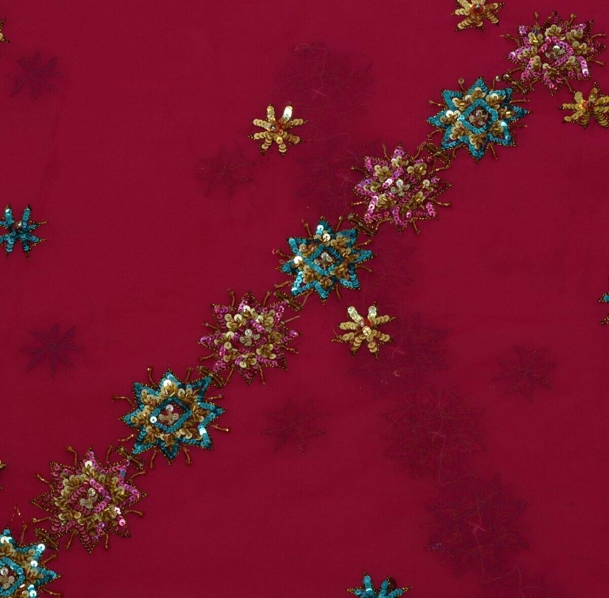 Indian Art Silk Sequins Emb Vintage Sari Remnant Scrap Fabric for Sewing Craft