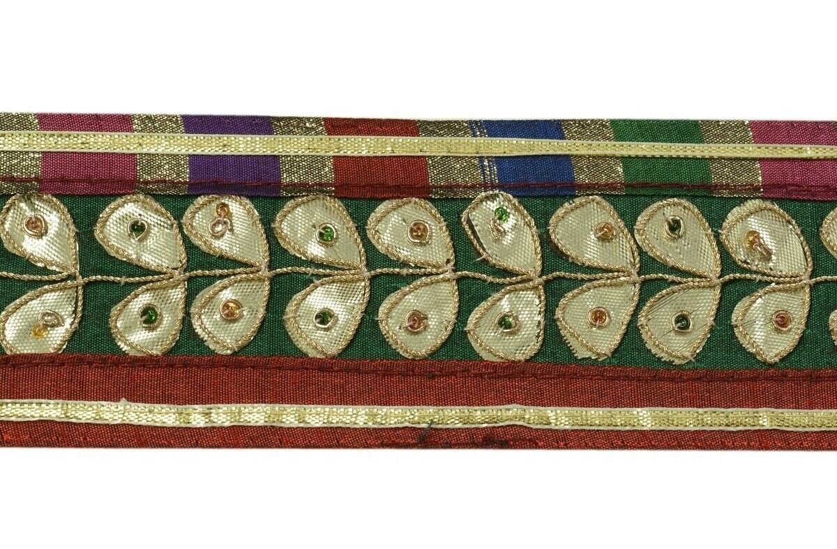 Vintage Sari Border Indian Craft Trim Hand Beaded Gotal Patti Ribbon Lace Green