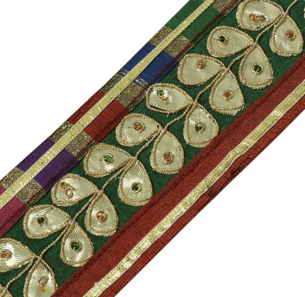 Vintage Sari Border Indian Craft Trim Hand Beaded Gotal Patti Ribbon Lace Green