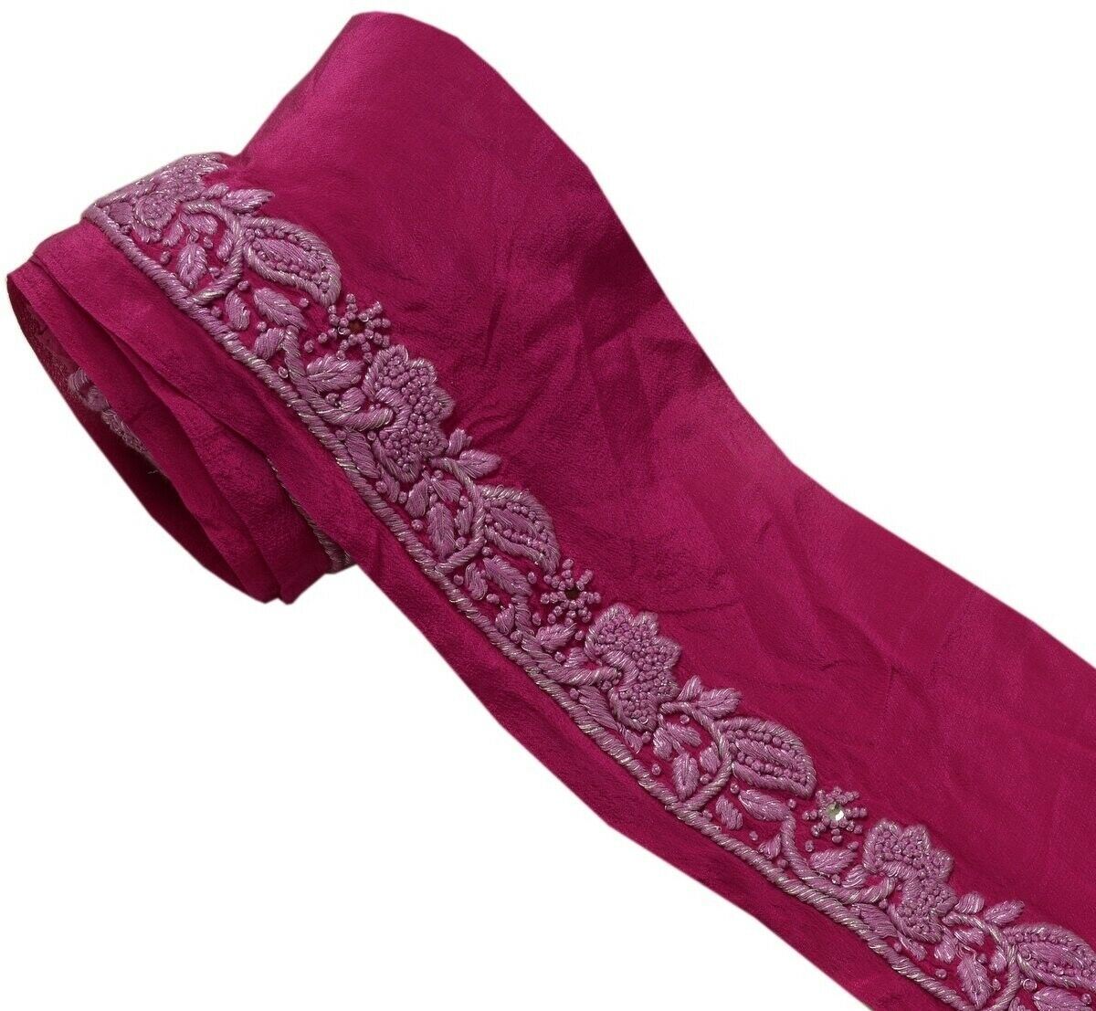 Vintage Sari Border Indian Craft Trim Hand Embroidered Magenta Ribbon Lace