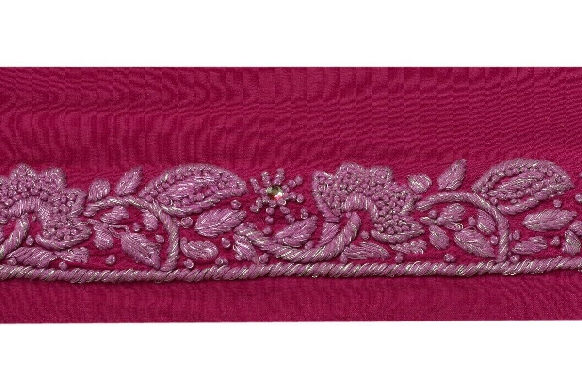 Vintage Sari Border Indian Craft Trim Hand Embroidered Magenta Ribbon Lace