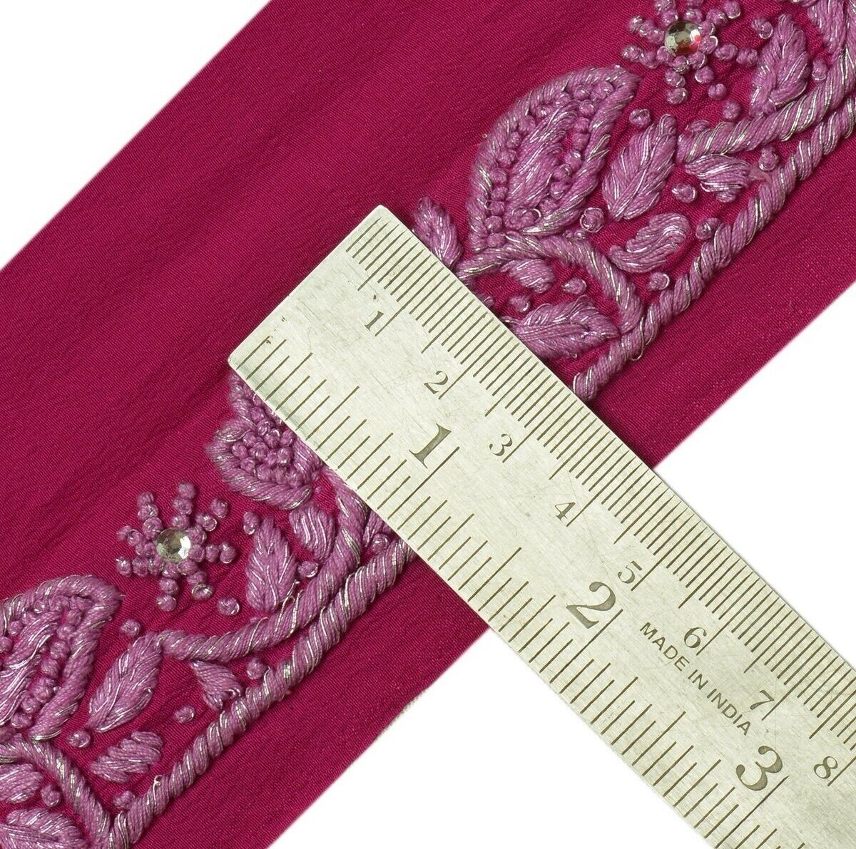 Vintage Sari Border Indian Craft Trim Hand Embroidered Magenta Ribbon Lace