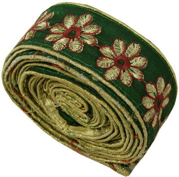 Vintage Sari Border Indian Craft Trim Embroidered Floral Green Ribbon Lace