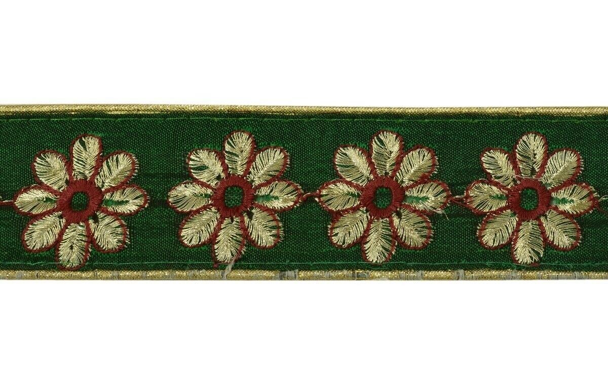 Vintage Sari Border Indian Craft Trim Embroidered Floral Green Ribbon Lace