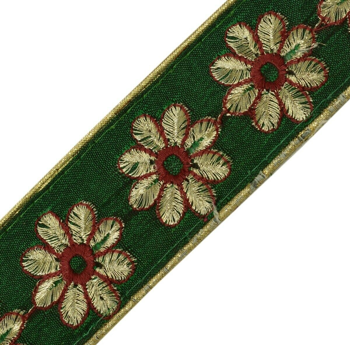 Vintage Sari Border Indian Craft Trim Embroidered Floral Green Ribbon Lace