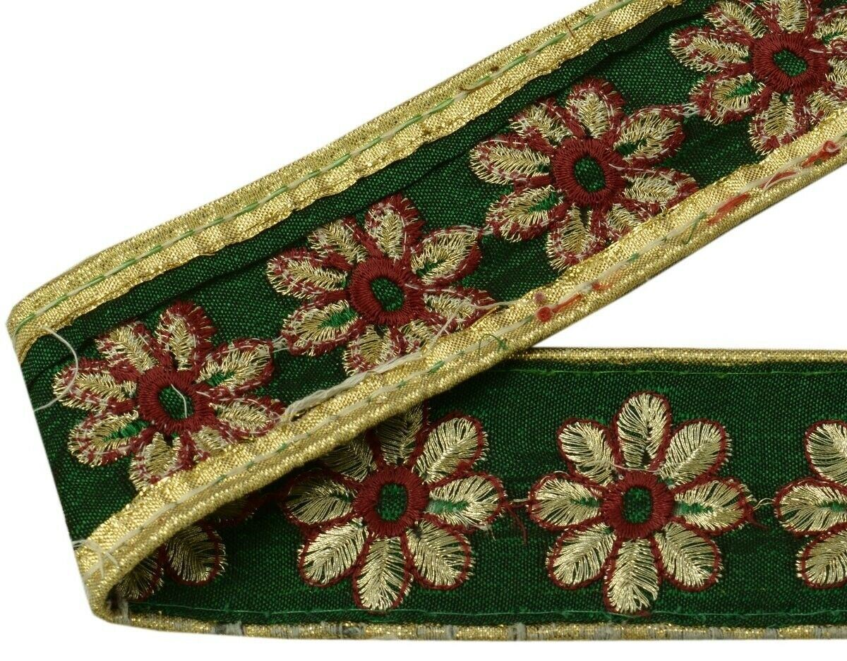 Vintage Sari Border Indian Craft Trim Embroidered Floral Green Ribbon Lace