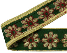 Vintage Sari Border Indian Craft Trim Embroidered Floral Green Ribbon Lace