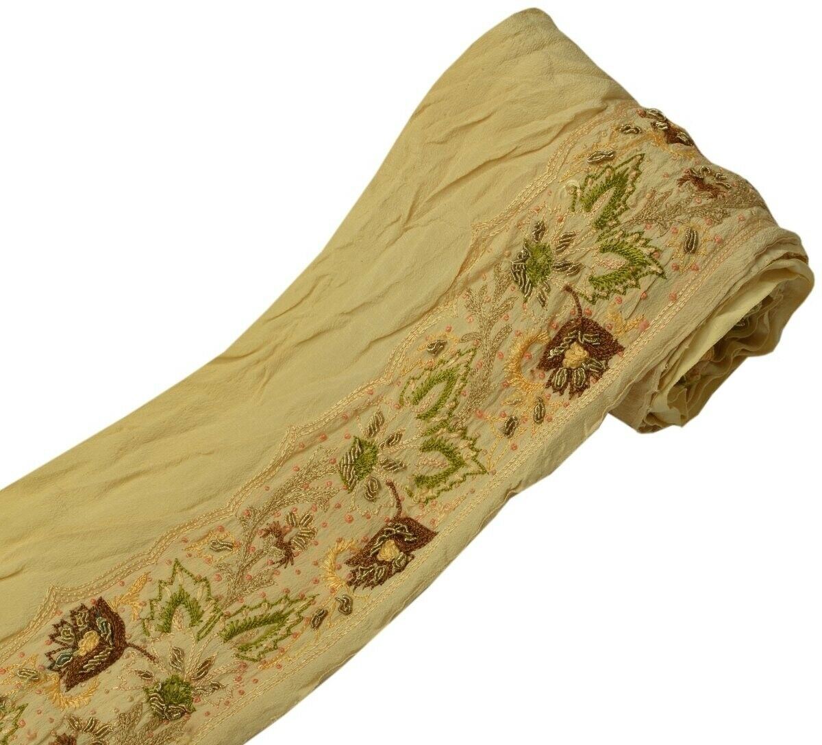 Vintage Sari Border Indian Craft Trim Hand Embroidered Beaded Ribbon Lace Cream