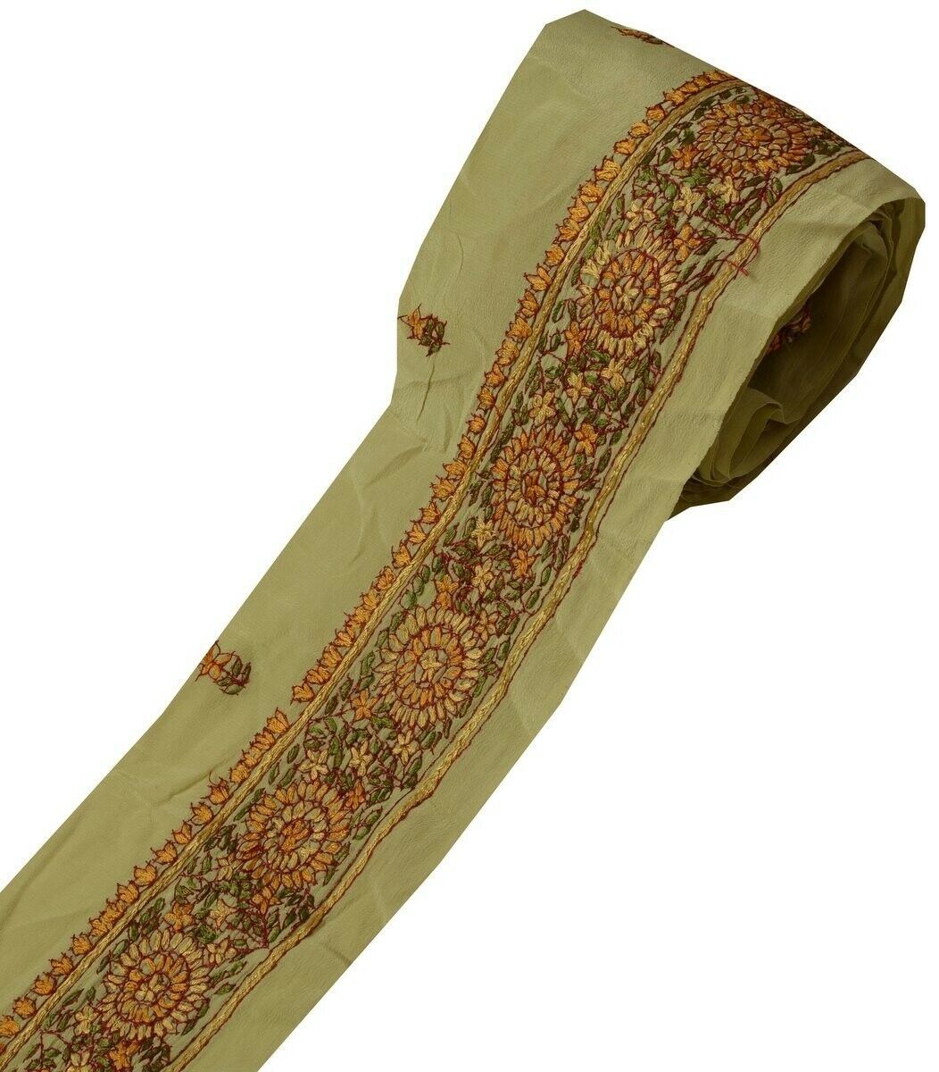 Vintage Sari Border Indian Craft Trim Hand Embroidered Light Green Ribbon Lace