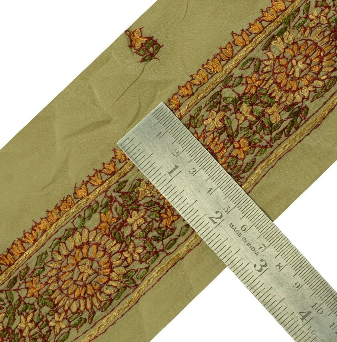 Vintage Sari Border Indian Craft Trim Hand Embroidered Light Green Ribbon Lace