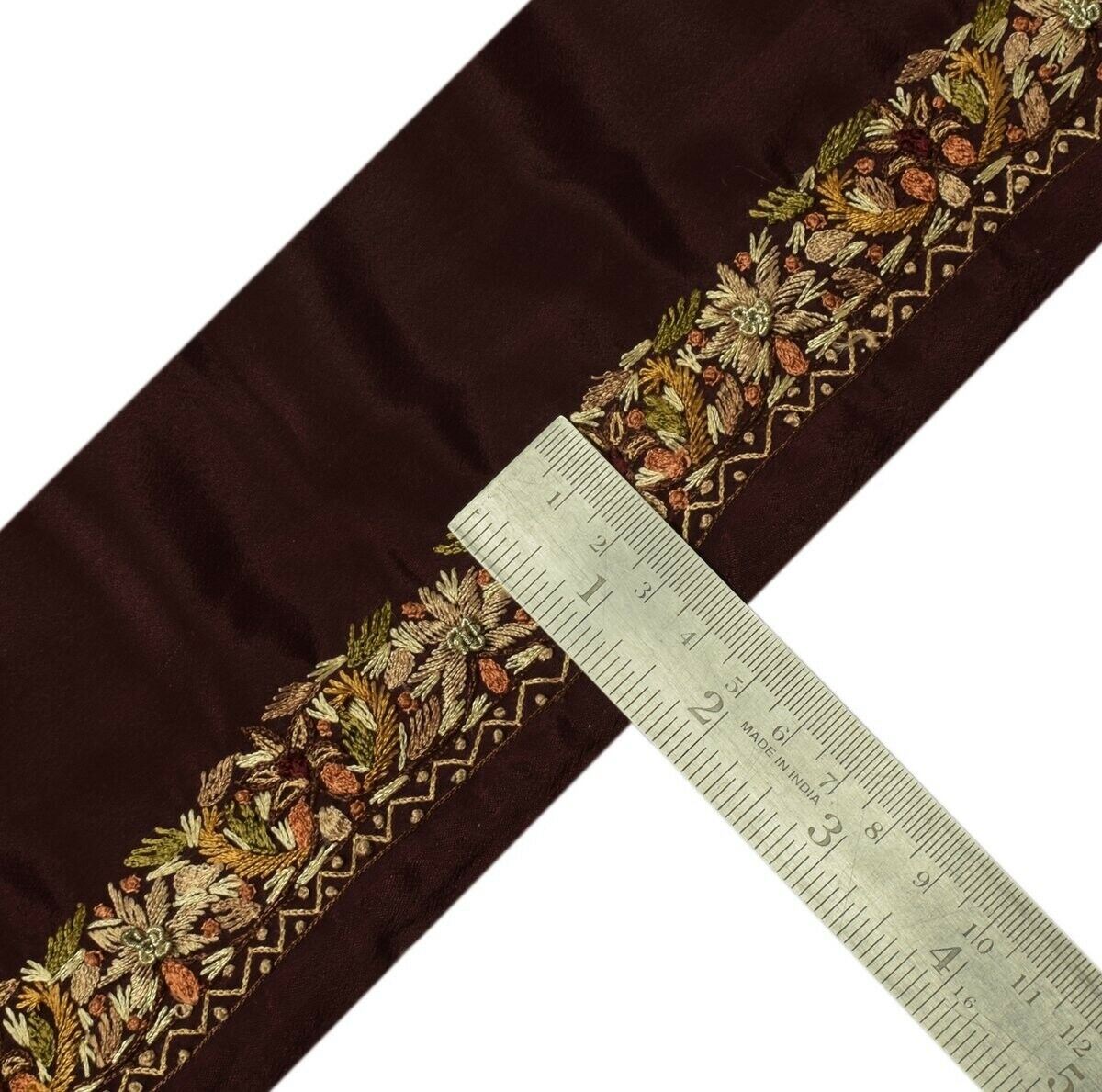 Vintage Sari Border Indian Craft Trim Hand Embroidered Garnet Sewing Ribbon Lace