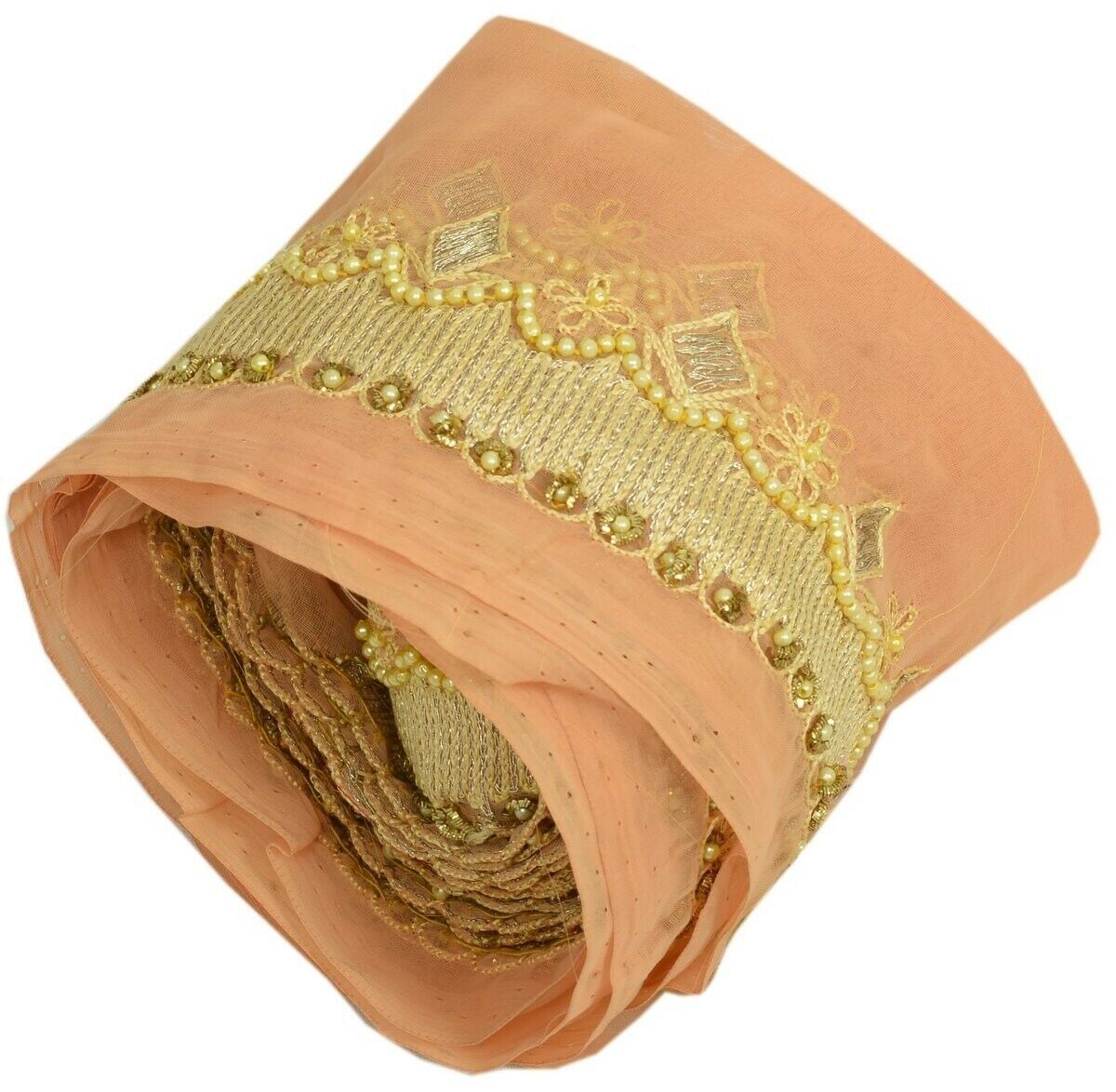 Vintage Sari Border Indian Craft Trim Hand Beaded Embroidered Ribbon Lace Peach