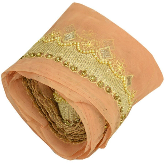 Vintage Sari Border Indian Craft Trim Hand Beaded Embroidered Ribbon Lace Peach