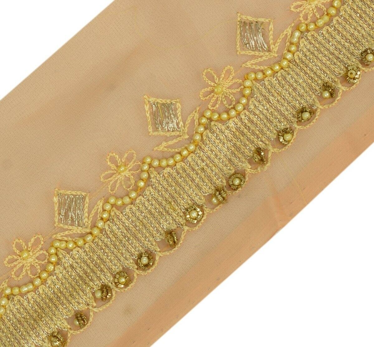 Vintage Sari Border Indian Craft Trim Hand Beaded Embroidered Ribbon Lace Peach