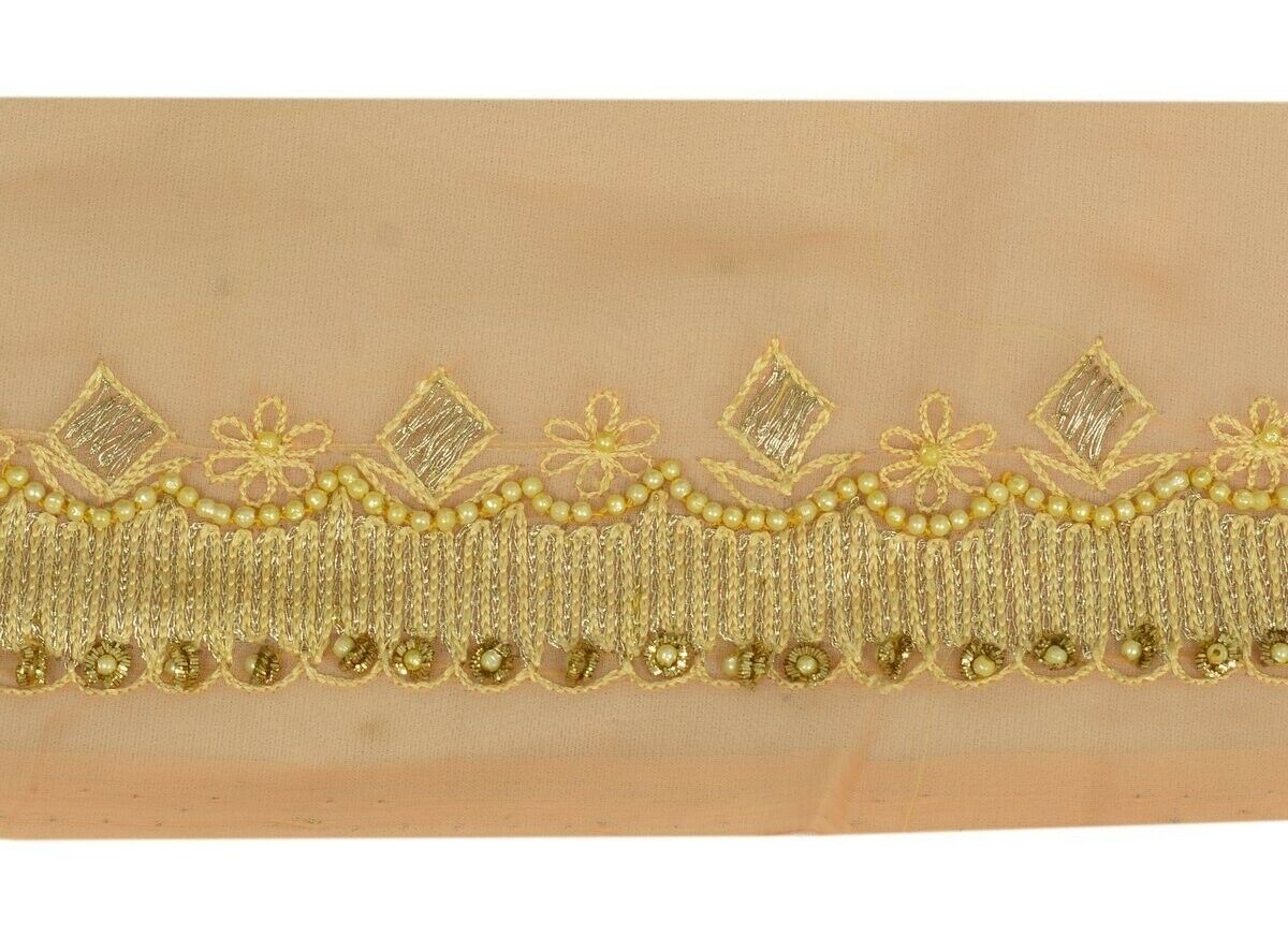 Vintage Sari Border Indian Craft Trim Hand Beaded Embroidered Ribbon Lace Peach