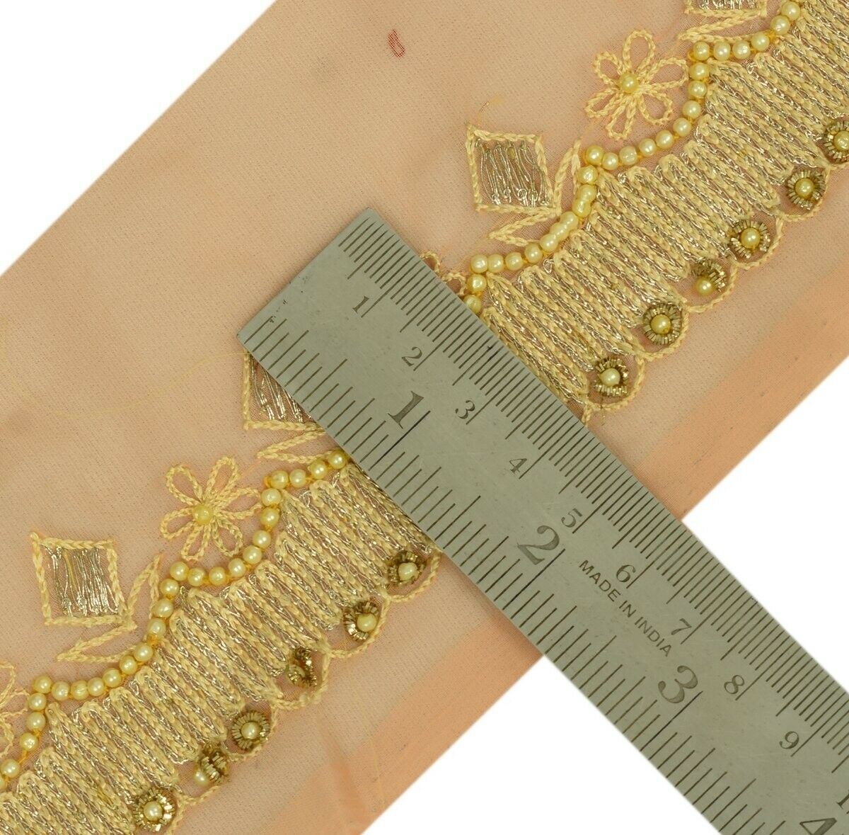 Vintage Sari Border Indian Craft Trim Hand Beaded Embroidered Ribbon Lace Peach