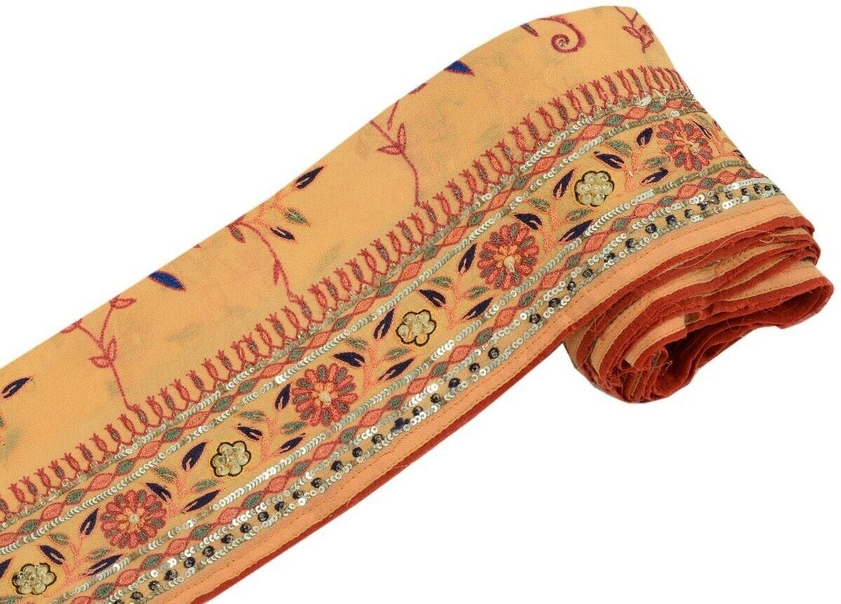 Vintage Sari Border Indian Craft Trim Hand Beaded Embroidered Ribbon Lace Peach