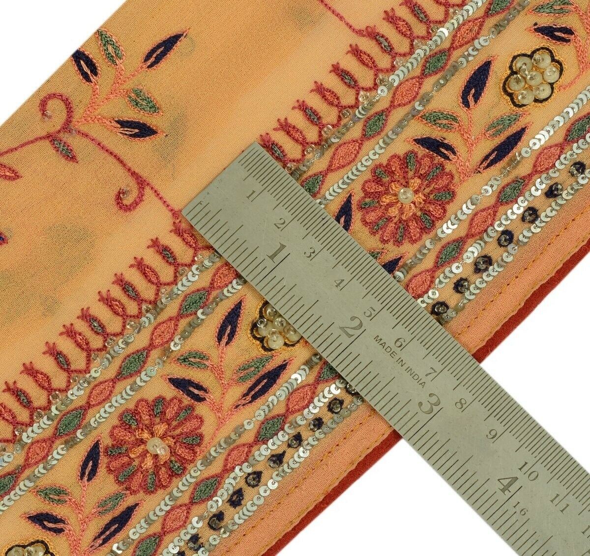 Vintage Sari Border Indian Craft Trim Hand Beaded Embroidered Ribbon Lace Peach