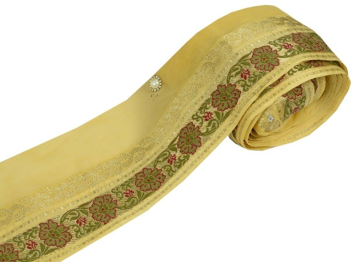 Vintage Sari Border Indian Craft Trim Silk & Zari Woven Antique Ribbon Cream
