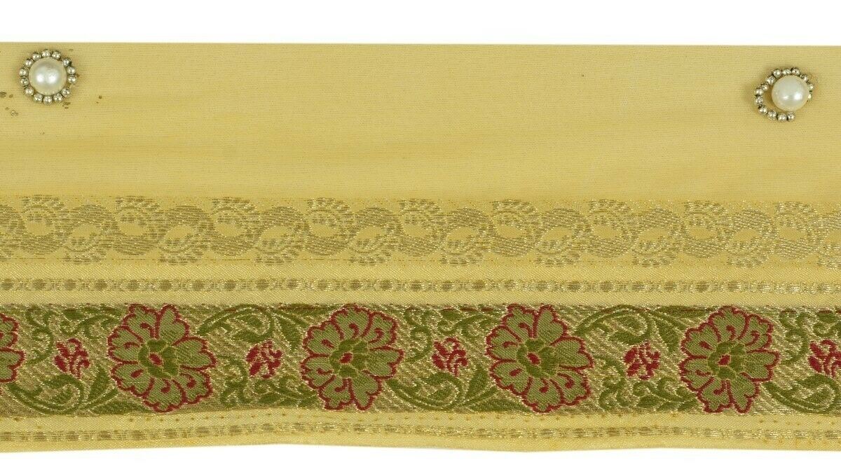 Vintage Sari Border Indian Craft Trim Silk & Zari Woven Antique Ribbon Cream