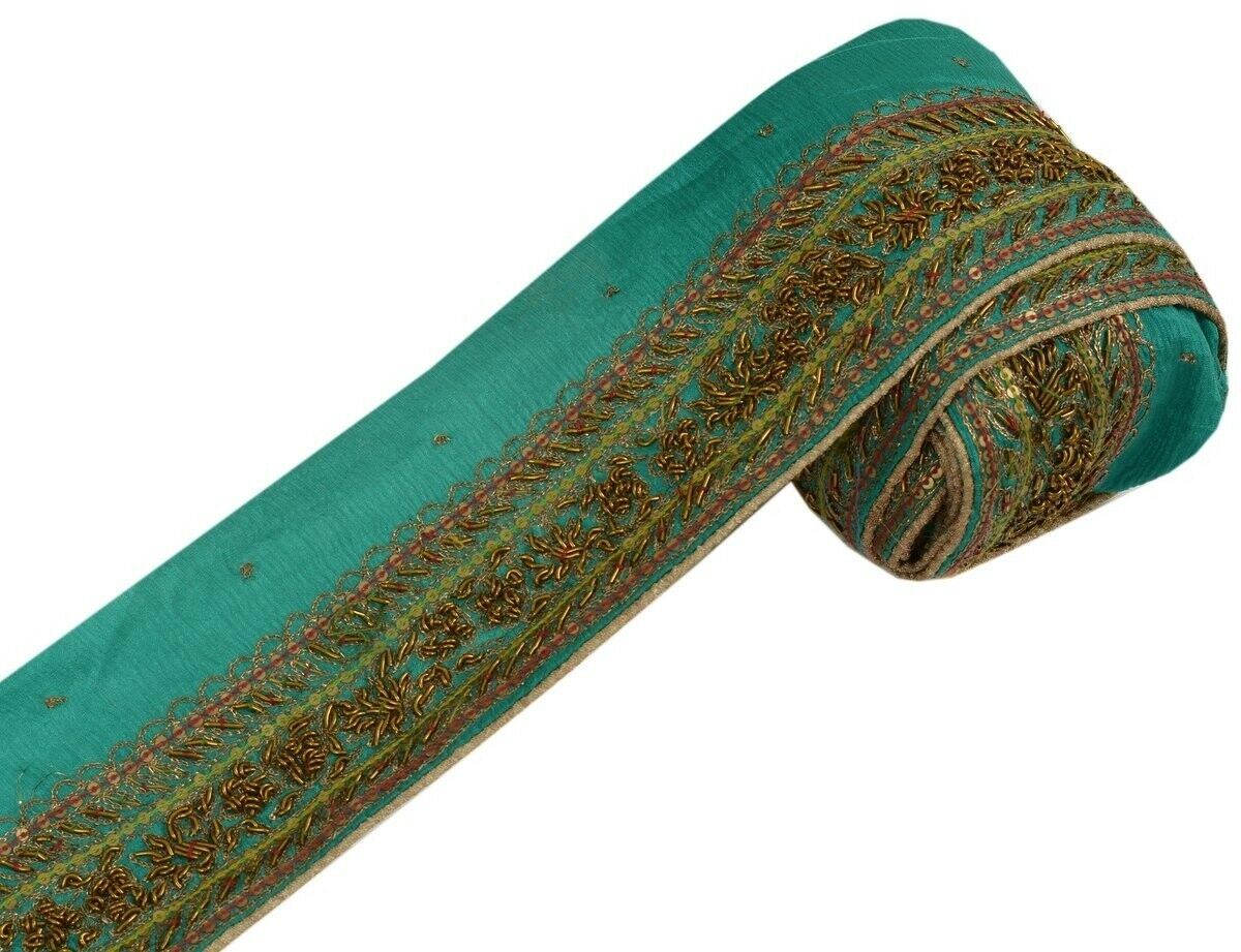 Vintage Sari Border Indian Craft Trim Hand Beaded Zardozi Ribbon Lace Green
