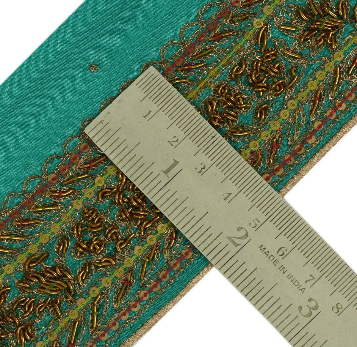 Vintage Sari Border Indian Craft Trim Hand Beaded Zardozi Ribbon Lace Green
