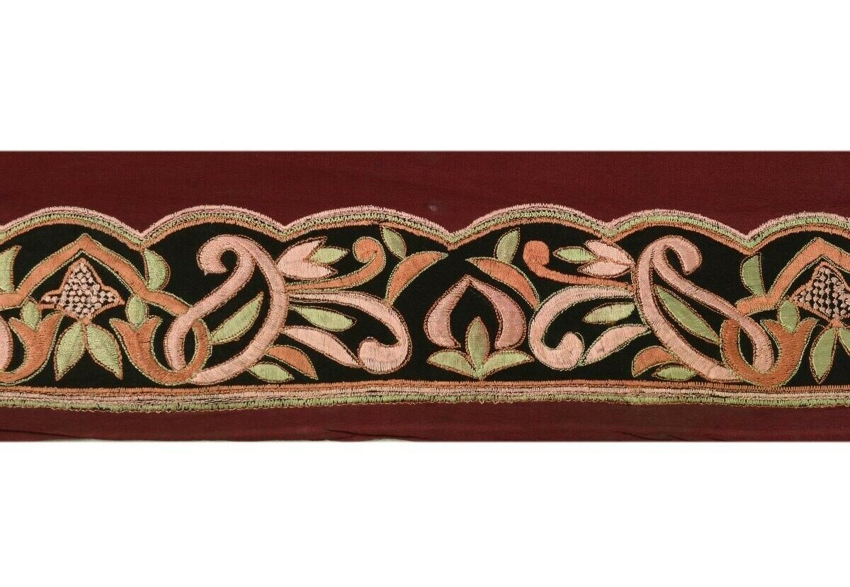 Vintage Sari Border Indian Trim Embroidered Black Maroon Sewing Ribbon Lace