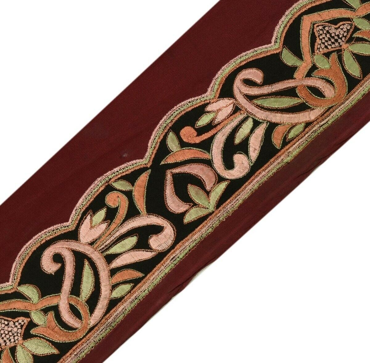 Vintage Sari Border Indian Trim Embroidered Black Maroon Sewing Ribbon Lace