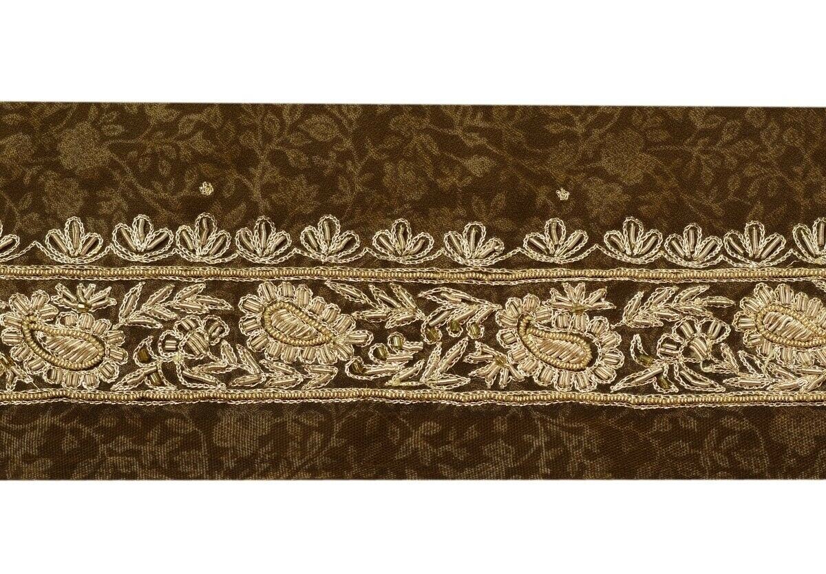 Vintage Sari Border Indian Craft Trim Hand Beaded Zardozi Sewing Ribbon Brown