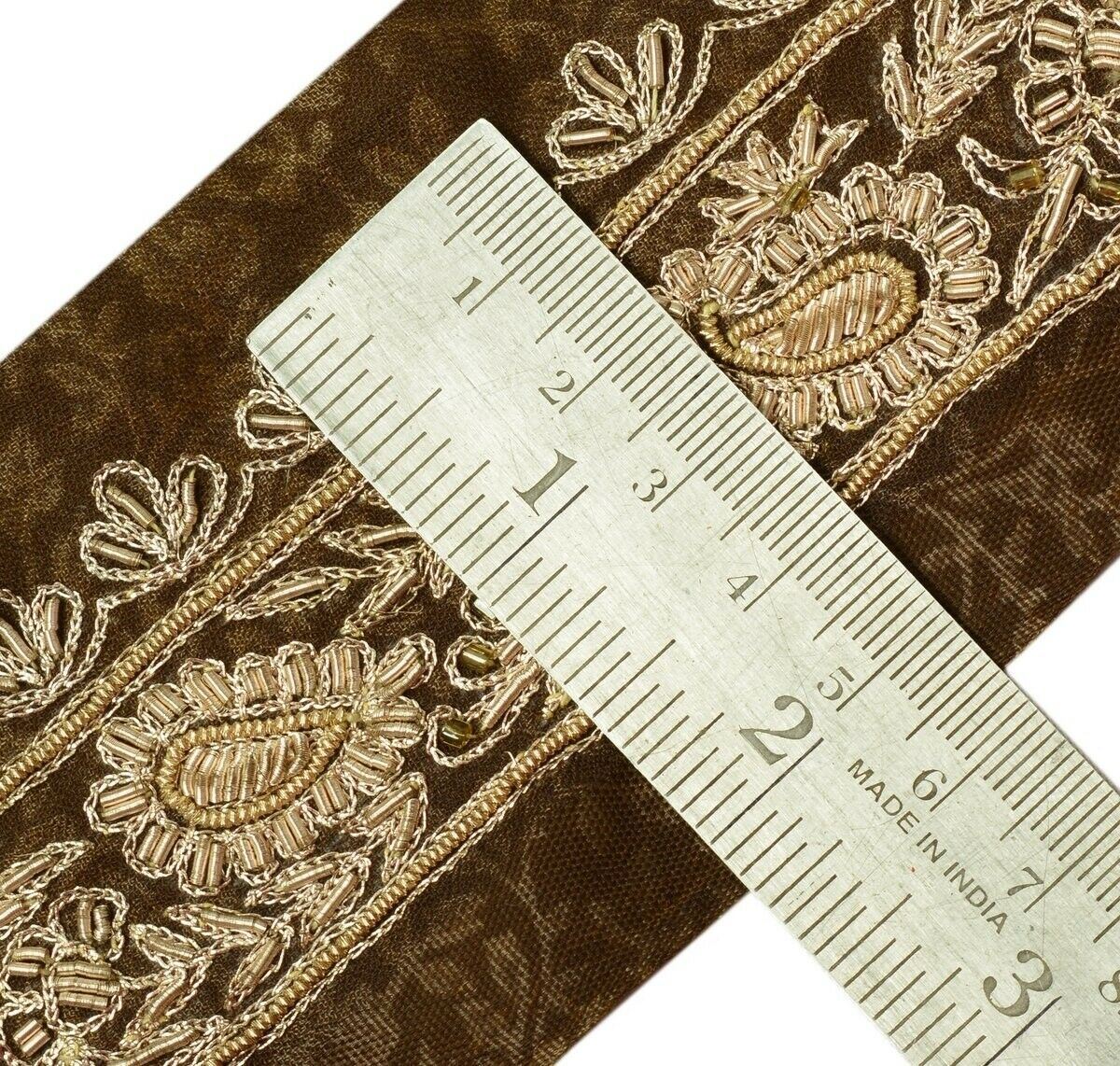 Vintage Sari Border Indian Craft Trim Hand Beaded Zardozi Sewing Ribbon Brown