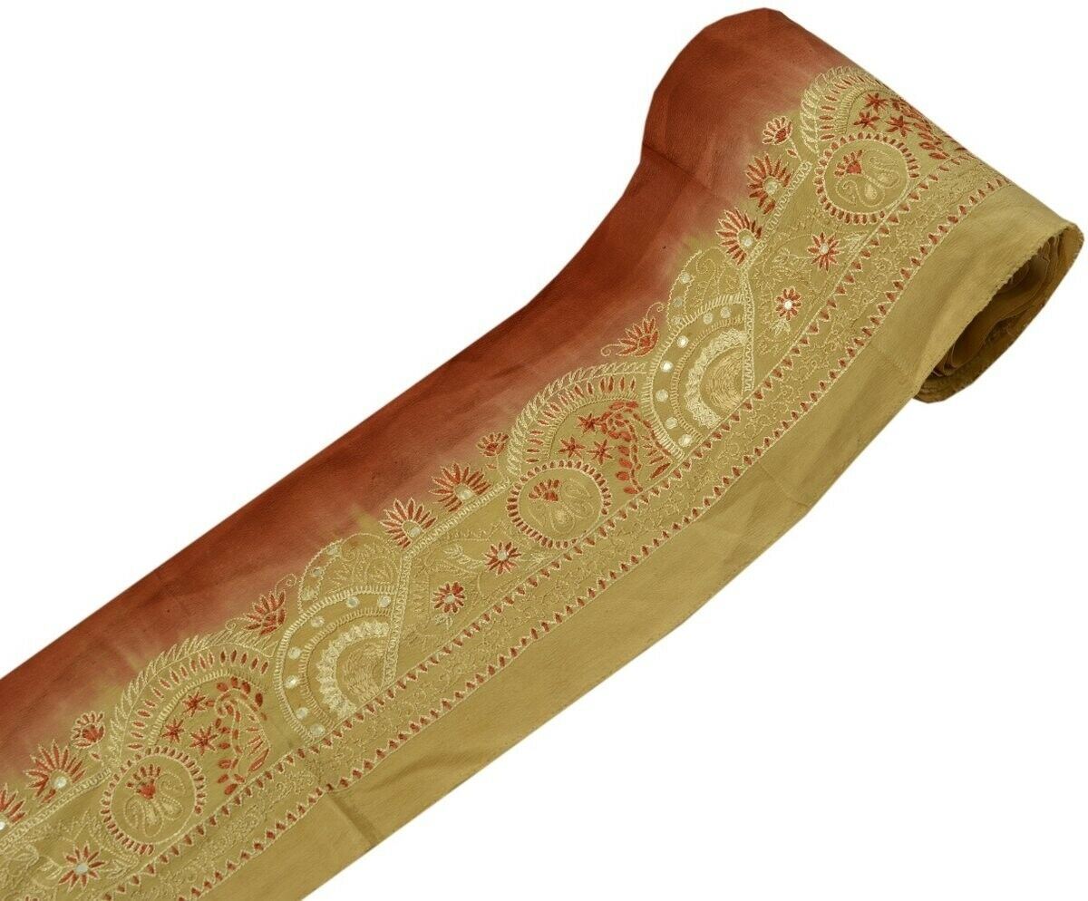 Vintage Sari Border Indian Craft Trim Hand Embroidered Sewing Ribbon Lace Brown