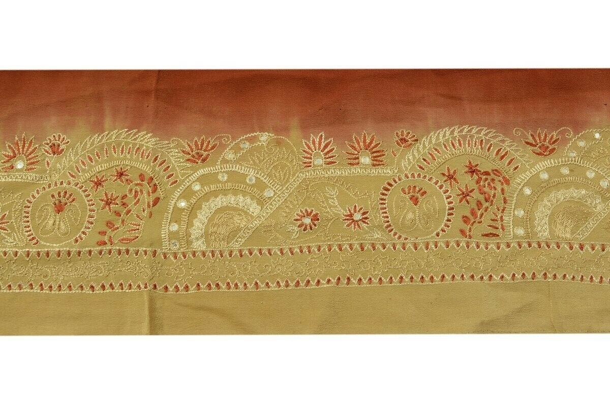 Vintage Sari Border Indian Craft Trim Hand Embroidered Sewing Ribbon Lace Brown