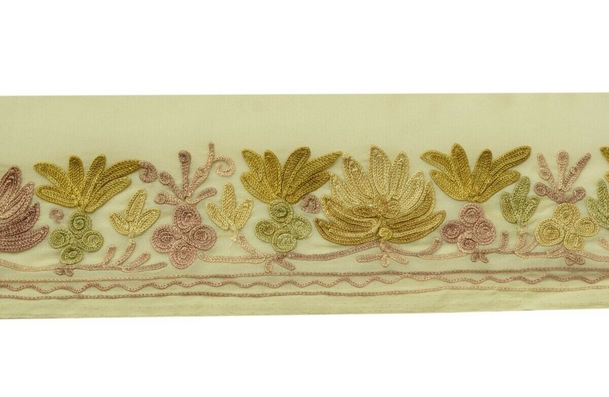 Vintage Saree Border Indian Craft Trim Floral Embroidered Cream Sew Ribbon Lace