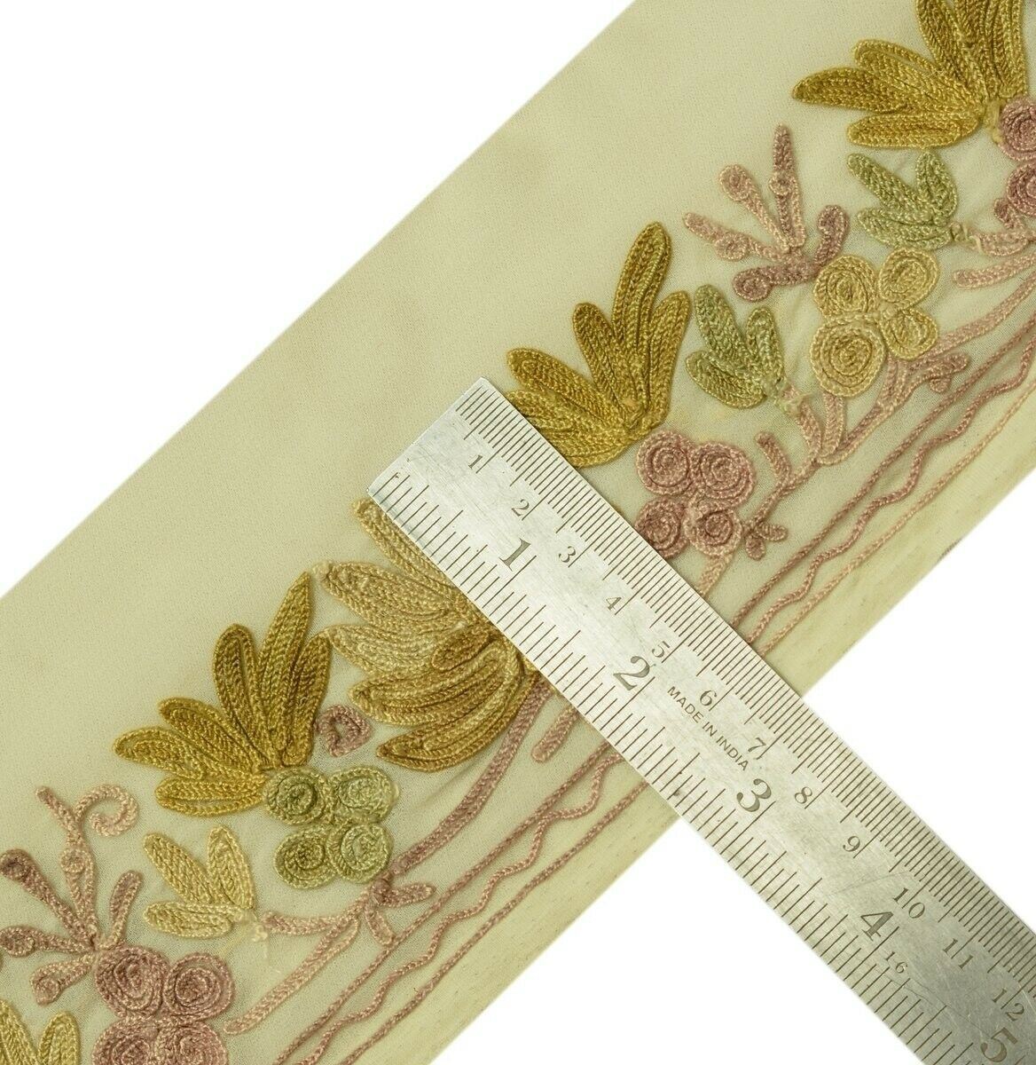Vintage Saree Border Indian Craft Trim Floral Embroidered Cream Sew Ribbon Lace