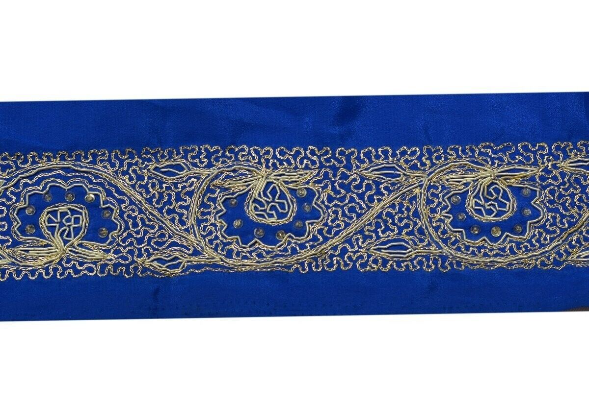Vintage Saree Border Indian Craft Trim Hand Beaded Embroidered Royal Blue Lace